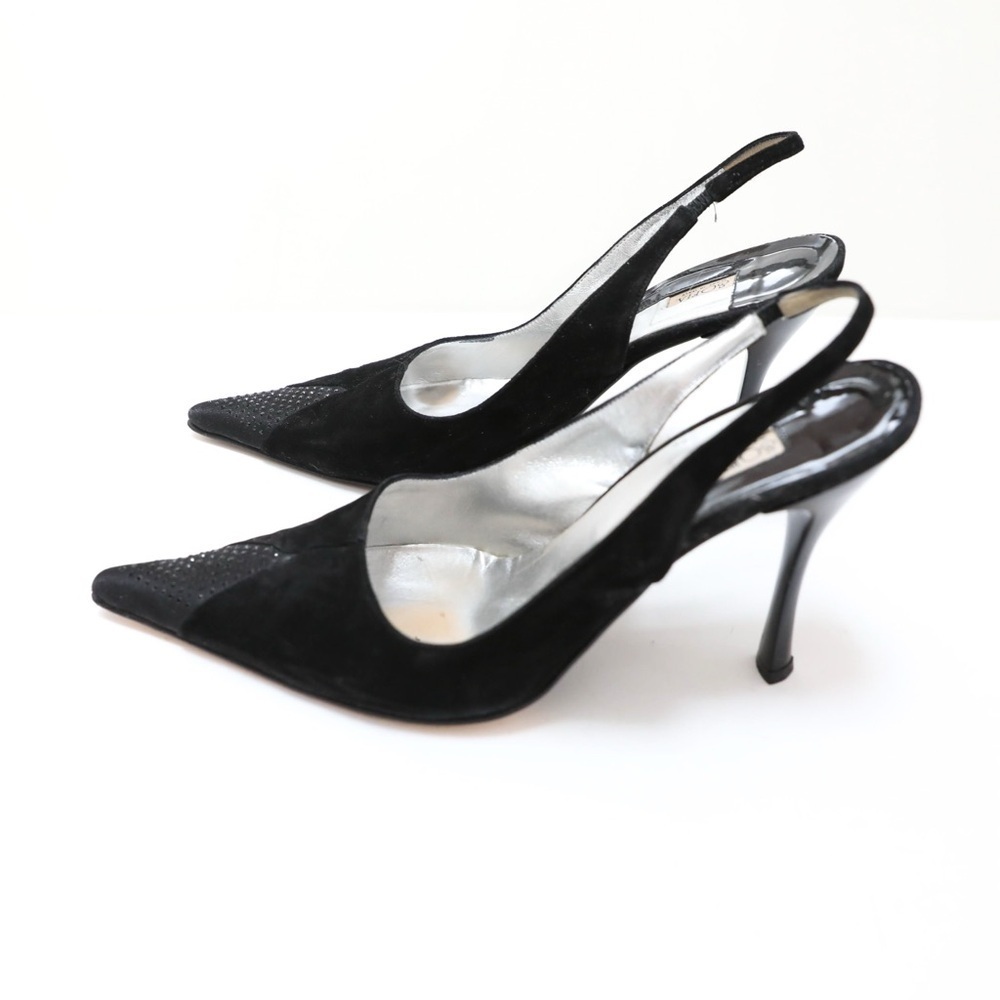 Sofia Black Suede Point Toe Heels Slingback Shoes Size 40 retro high 9 9.5 Y2K